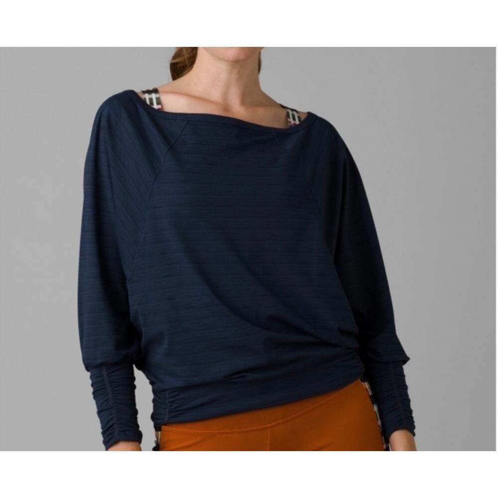 Prana Women’s Ridgeview Top Blue Striped Boatneck Raglan Sleeves size Large